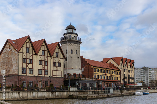 KALININGRAD, RUSSIA - MARCH 12, 2021: View of the city sights in the center Fishing village (Rybnaya derevnya)