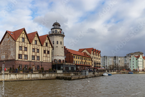 KALININGRAD, RUSSIA - MARCH 12, 2021: View of the city sights in the center Fishing village (Rybnaya derevnya)