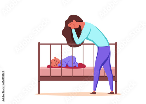 Postpartum depression illustration of sad tired woman near newborn baby sleeping in flat style. Psychology problem of postnatal depression, mood disorder of childbirth,