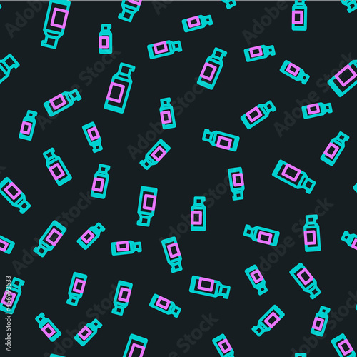Line Spray can for hairspray, deodorant, antiperspirant icon isolated seamless pattern on black background. Vector