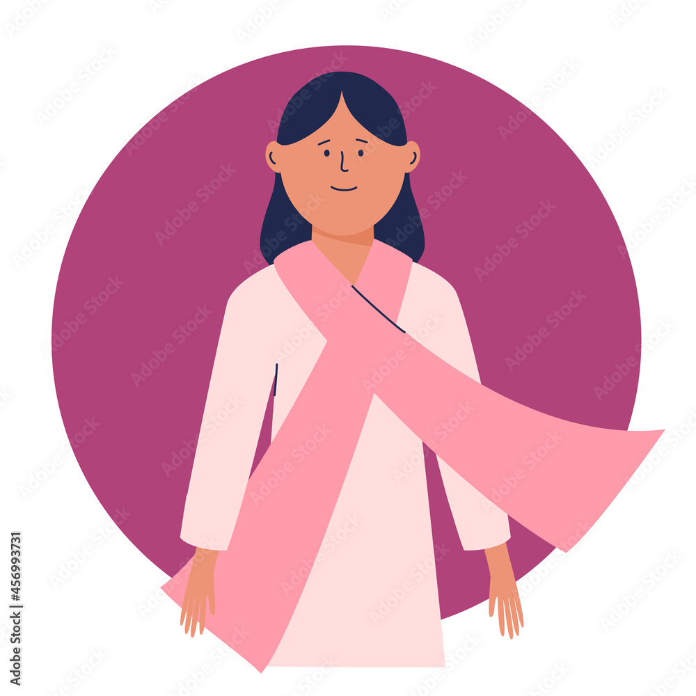 Young woman with a pink scarf on her chest. Pink ribbon - the symbol of fight against breast cancer. Breast cancer awareness month. Vector illustration. Cancer prevention concept. Cartoon character