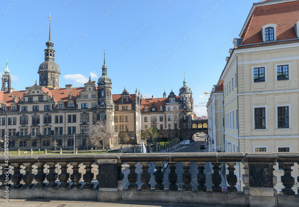 Fototapeta premium View towards Dresden castle along Taschenberg from Zwinger terrace.