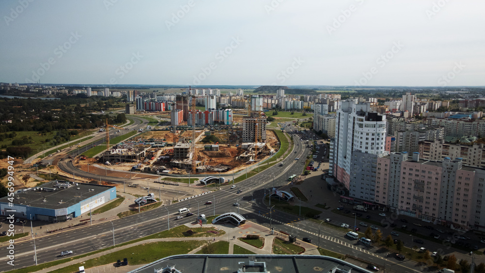 City block. Modern multi-storey buildings. Aerial photography.