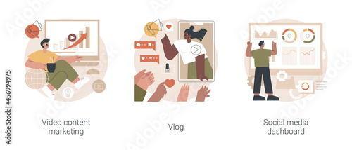 Online digital campaign abstract concept vector illustration set. Video content marketing, vlog popularity and monetization, social media dashboard, target audience, viral content abstract metaphor.