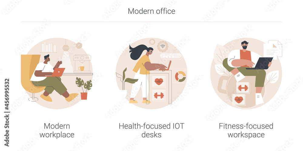 Modern office abstract concept vector illustration set. Modern workplace, health-focused IOT desks, fitness-focused lifestyle, employee happiness and well-being, activity tracking abstract metaphor. Modern office abstract concept vector illustration set. Modern workplace, health-focused IOT desks, fitness-focused lifestyle, employee happiness and well-being, activity tracking abstract metaphor.