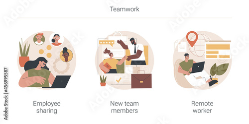 Teamwork abstract concept vector illustration set. Employee sharing, new team members, remote worker, online job, distance team, outsource freelancer, sign contract, adaptation abstract metaphor.