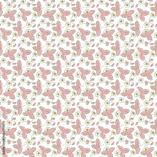 Wild strawberries with flowers and leaves on a white background. Summer seamless vector pattern, eps 8