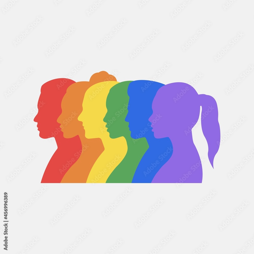 Multicolored silhouettes of profiles of faces of men and women forming the LGBT flag. Colors of rainbow. LGBTQ people. LGBTQ + sign. Vector illustration.