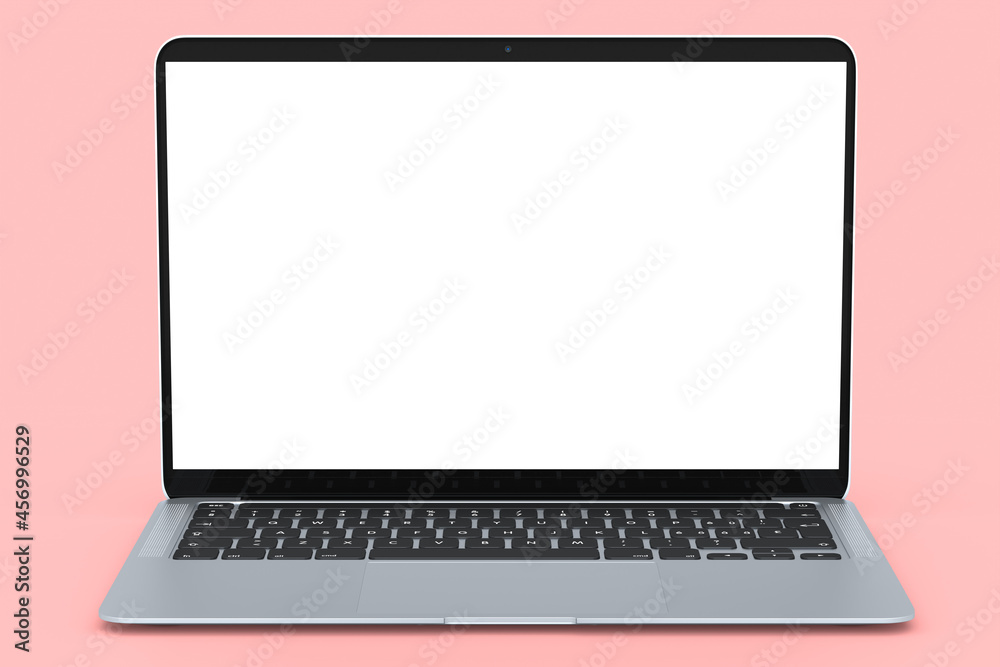 Realistic aluminum laptop with empty white screen isolated on pink background. Realistic aluminum laptop with empty white screen isolated on pink background.