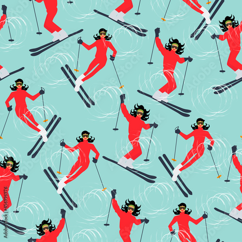 Winter sport seamless pattern. Young beautiful woman skiing in mountains.  Colorful vector illustration.