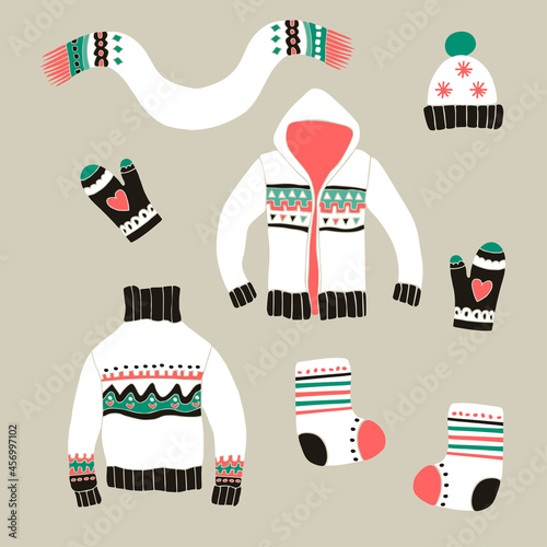 ute Collection of Woolen Clothes. Hand Drawn Pullover, Sweatshirt, Mittens, Scarf, Hat and Socks. Doodle vector illustration.