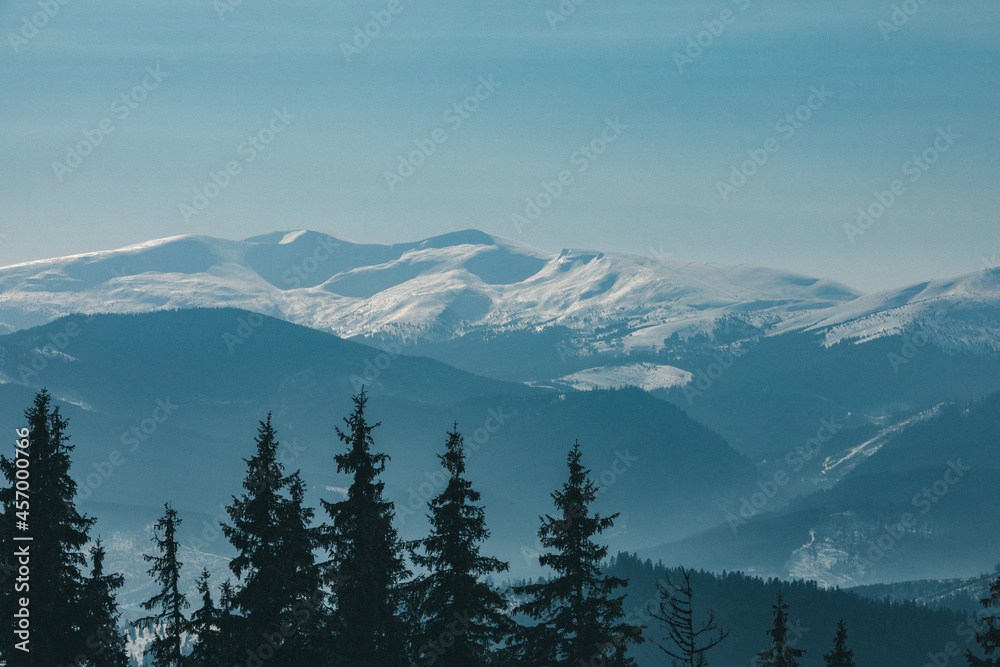 panoramic view of winter snowed mountains