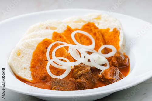 beef goulash with dumplings and rings of white onion photo
