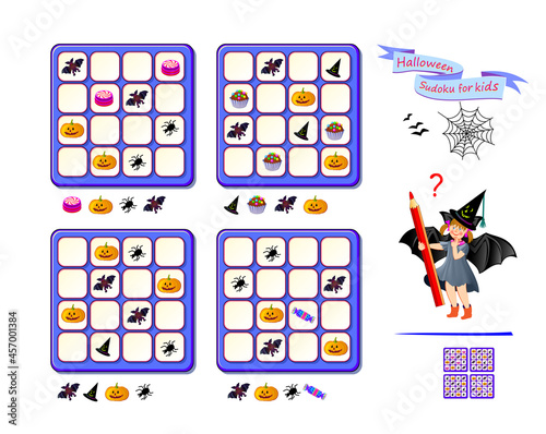 Halloween Sudoku for kids. Page for brain teaser book. Set of logic puzzle games for children. Place items in empty spaces so that each line has one of a kind. Play online. Vector illustration.