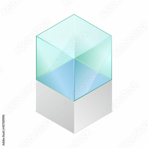 Isometric vector illustration empty glass cube isolated on white background. Realistic glass display box icon. Modern clear glass showcase. Transparent acrylic, plastic or plexiglass box for exhibit.
