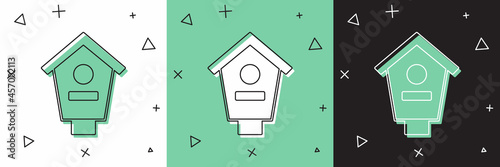 Set Bird house icon isolated on white and green, black background. Nesting box birdhouse, homemade building for birds. Vector