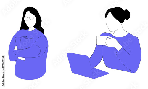 Two girls. Vector illustrations. Office, business. Purple color.