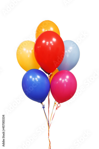 multicolored bright balloons with ribbons isolated on white background