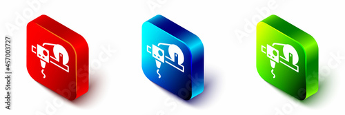 Isometric 3D printer icon isolated on white background. 3d printing. Red, blue and green square button. Vector