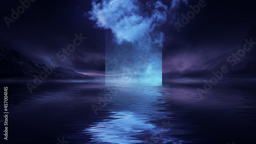 Futuristic fantasy night landscape with abstract landscape and island, moonlight, radiance, moon, neon. Dark natural scene with light reflection in water. Neon space galaxy portal. 3D illustration. 