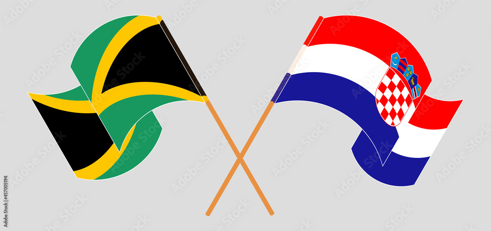 Crossed and waving flags of Jamaica and Croatia