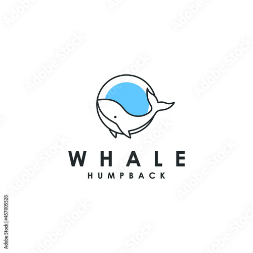 circle whale humpback logo vector illustration design, cute whale fish line art logo design