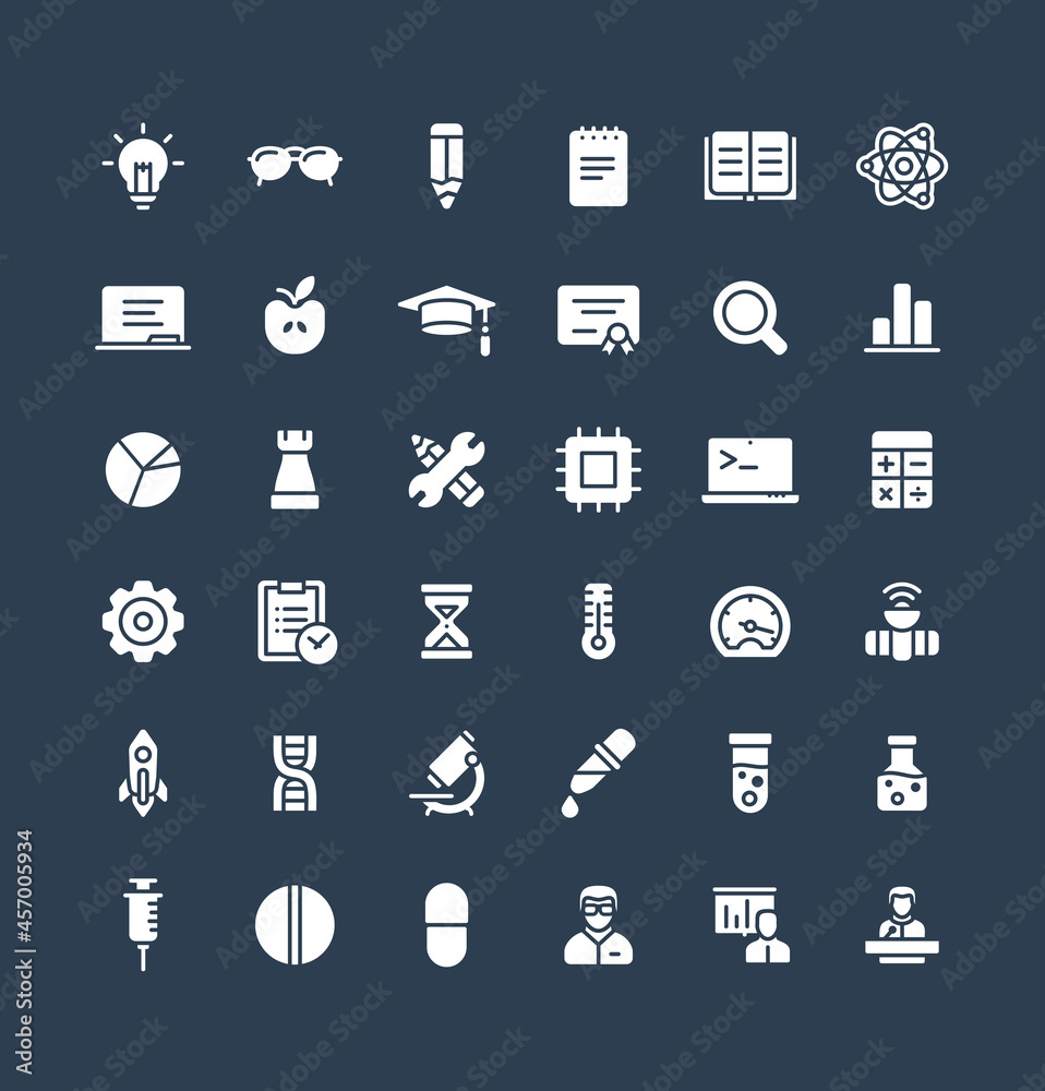 Vector flat icons set and graphic design elements. Illustration with science and laboratory research solid symbols. Idea bulb, dna code, medical development, conference, atom glyph pictogram