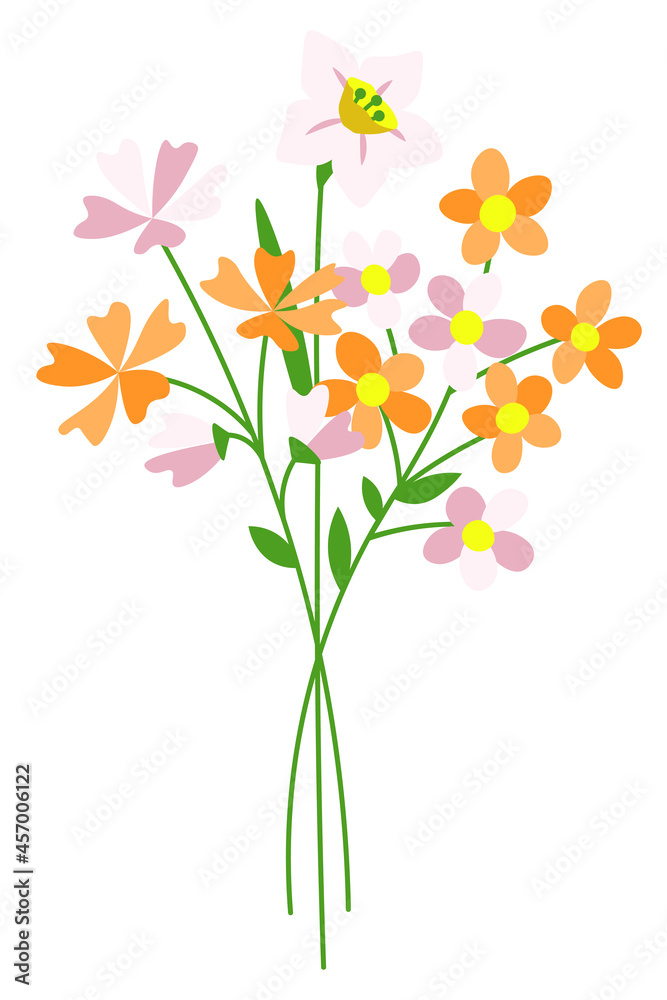 Bouquet of different flowers and leaves cartoon illustration
