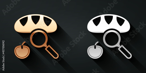 Gold and silver Searching for food icon isolated on black background. Homelessness and poverty concept. Long shadow style. Vector
