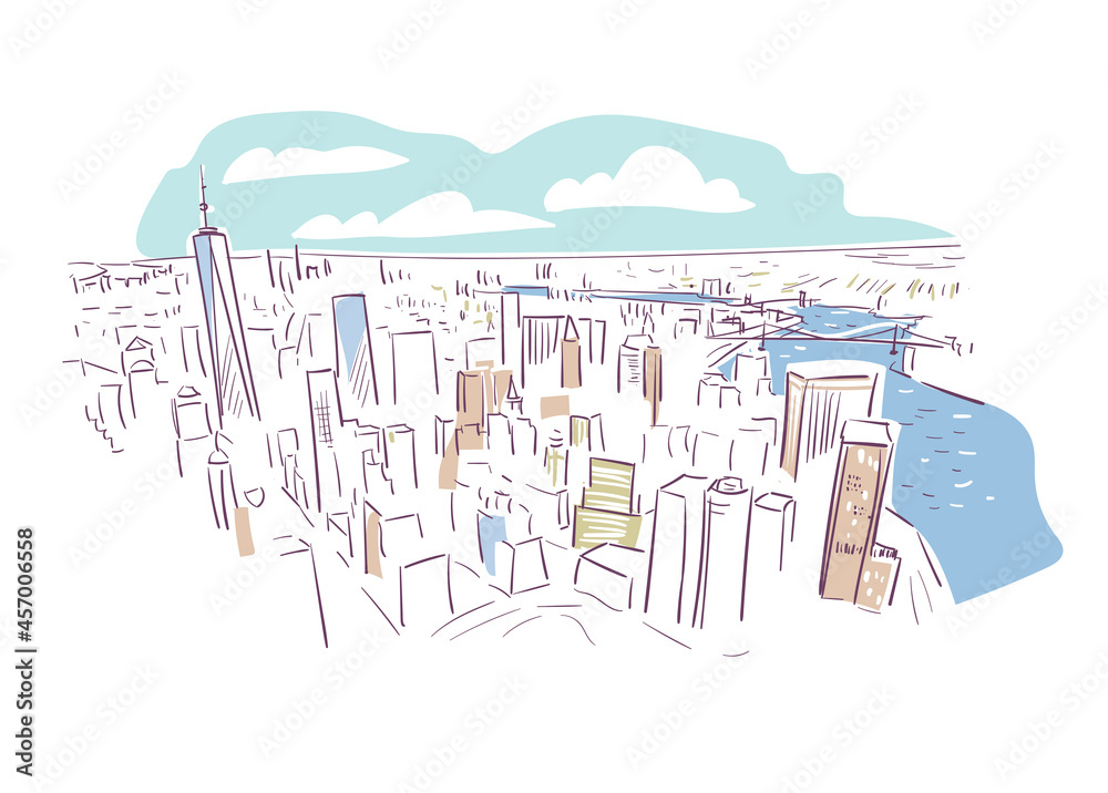 New York USA vector sketch city illustration line art colorful ...