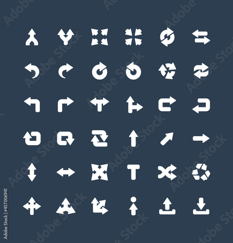 Vector flat icons set and graphic design elements. Illustration with arrows, direction and move solidflat symbols. Turn left, merge, switch, undo, transfer, synchronizing glyph pictogram