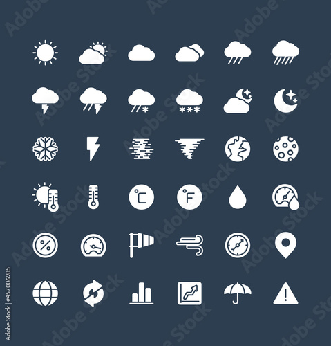 Vector flat icons set and graphic design elements. Illustration with weather and meteo solid symbols. Sun, cloud, rain, snow, moon, thermometer, humidity, umbrella flat glyph pictogram