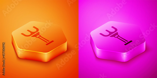 Isometric Rake toy icon isolated on orange and pink background. Children toy for beach games. Hexagon button. Vector