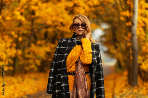 Fashionable autumn portrait of a beautiful girl with hair with sunglasses in a fashionable black coat, knitted vintage sweater and scarf in nature with colored yellow fall foliage photo