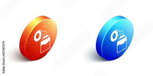 Isometric Breast pump icon isolated on white background. Orange and blue circle button. Vector
