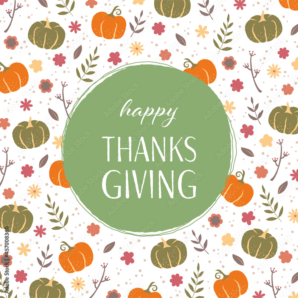 Fototapeta premium Thanksgiving 感謝祭 手描き 正方形 カード カボチャ/ Hand-Drawn Thanksgiving Retro Square Greeting Card, Great for Wallpapers, Backgrounds, Invitations