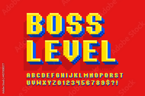 Pixel vector alphabet design, stylized like in 8-bit games.