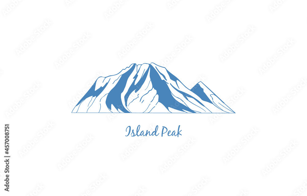 Island Peak mountain in Sagarmatha National Park of the Himalaya, popular climbing destination. Mountain vector icon for logo, emblem, banner.