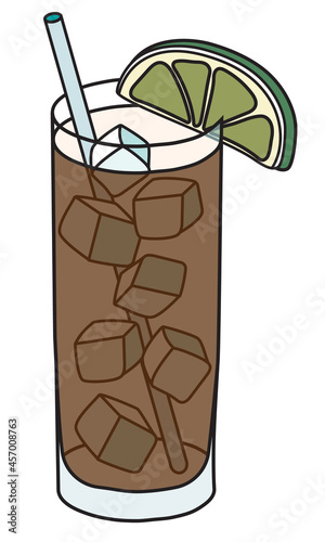 Long Island Iced Tea or Cuba Libre classic IBA listed cocktail in highball glass. An long drink garnished with a slice of lime. Stylish hand-drawn doodle cartoon hipster style vector illustration.