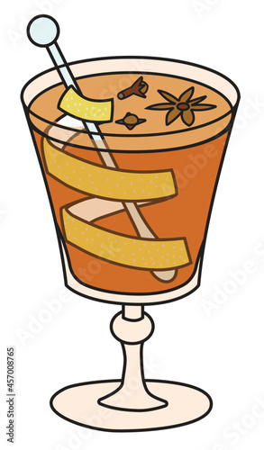 Hot grog cocktail. Stylish hand-drawn doodle cartoon style Christmas winter or autumn warm drink in a cope glass garnished with cloves and lemon zest twist photo