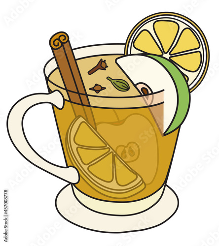 Wassail hot apple cider traditional winter cocktail. Stylish hand-drawn doodle cartoon style winter or autumn warm drink in a mug garnished with apple and lemon, cloves, cardamom and cinnamon