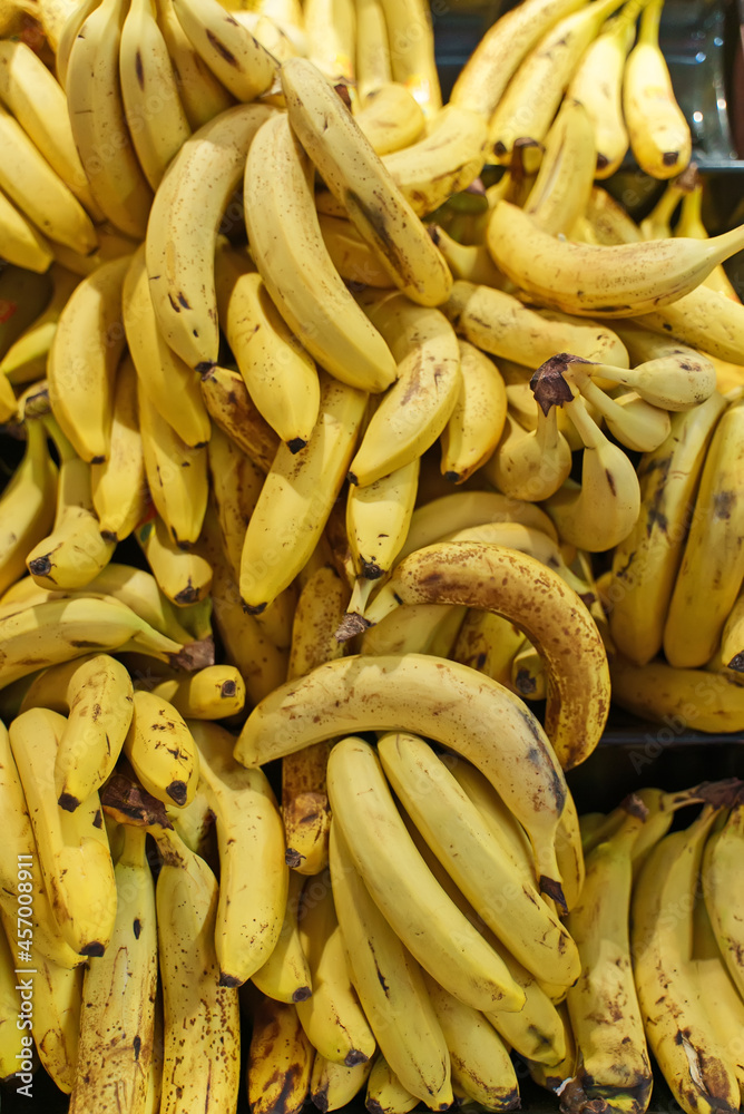 Overripe organic bananas in supermarket.