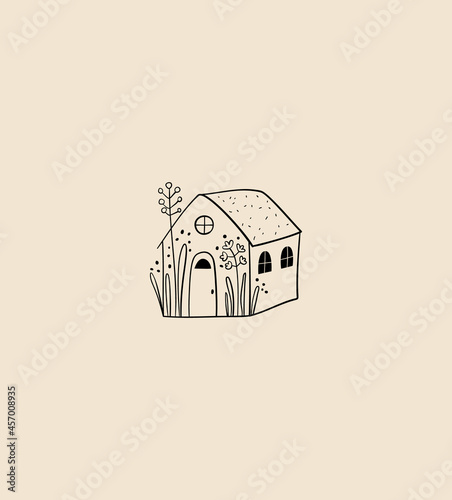 Vector 3d house linear emblem, home logo design template. Doodle style city building icon. Tiny country house symbols