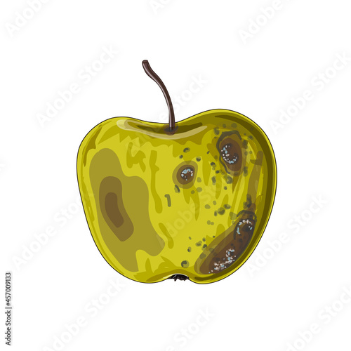 Rotten green apple in cartoon style. Stock vector illustration isolated on a white background.