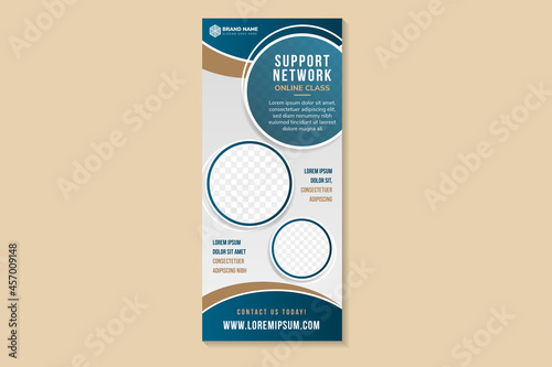 support network online class banner template design use vertical layout with grey gradient on background. blue and gold on elements. circle shape for space of photo collage.