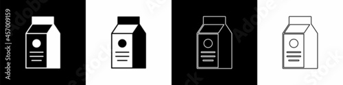 Set Paper package for milk icon isolated on black and white background. Milk packet sign. Vector