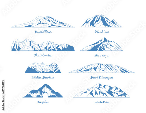 Mountains vector icons for logo, emblem, banners for mountain climbing, hiking trails in line style. The mountains peaks linear symbols. 
