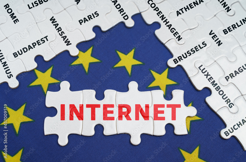 Fototapeta premium The EU flag has city name puzzles and puzzles with the words - Internet