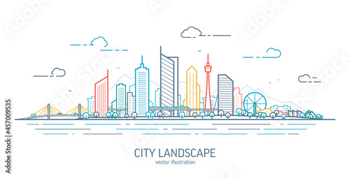 Futuristic cityscape thin line art illustration. Outline future city panorama. Abstract town landscape. Urban skyline with downtown skyscrapers, office buildings, park. Modern architectural exterior