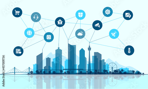 Vector flat illustration. Smart city connection concept. Tech landscape whith integrated thin line icons. Growth network system, shopping, medicine, security, rental, transport, delivery services.